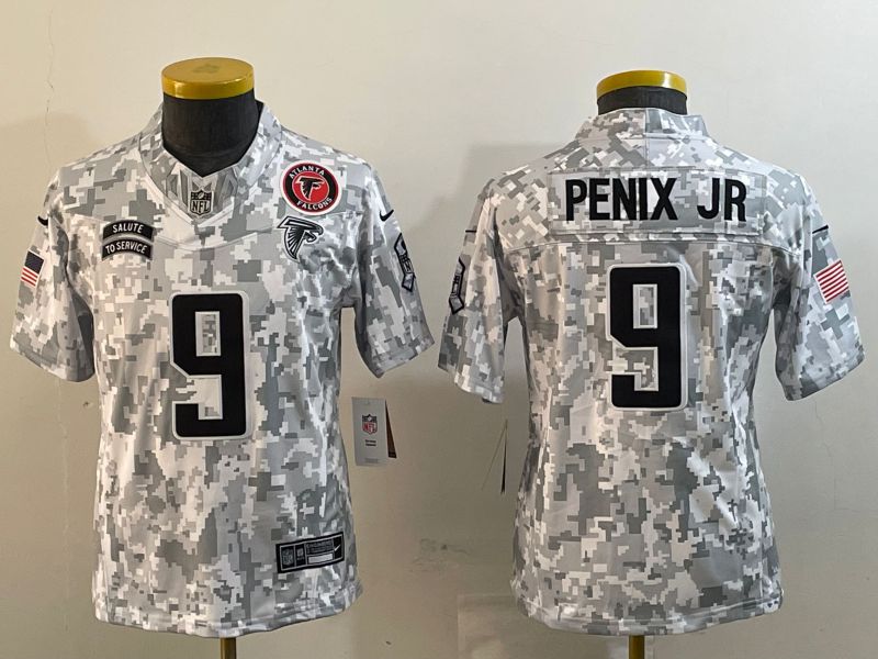 Youth Atlanta Falcons #9 Penix jr Nike Arctic Camo 2024 Salute to Service Limited NFL Jersey style 1